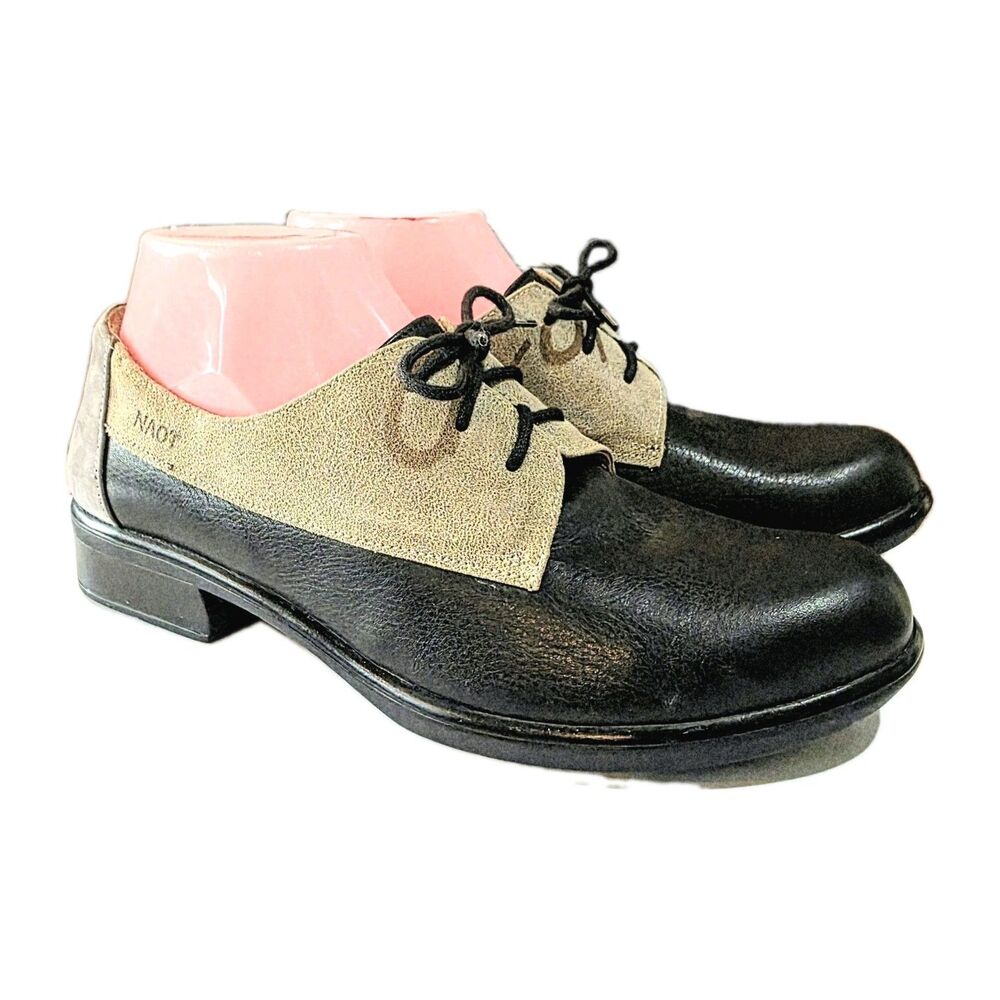 Naot Sz 8 Kedma Black Leather Gray Suede Lace Up Academia Oxford Heel Shoes